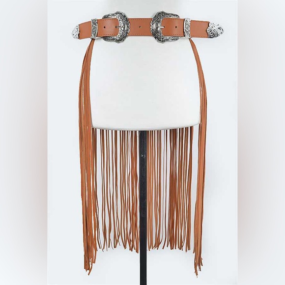 Double Buckle White Fringe Skirt Statement Belt - Picture 2 of 4
